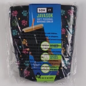 Sok It JavaSok Beverage Cooler Large 30-32oz Paw Prints Black Neoprene NWT
